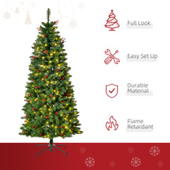 HOMCOM 5FT Prelit Artificial Pencil Christmas Tree with Warm White LED Light, Red Berry, Holiday Home Xmas Decoration, Green