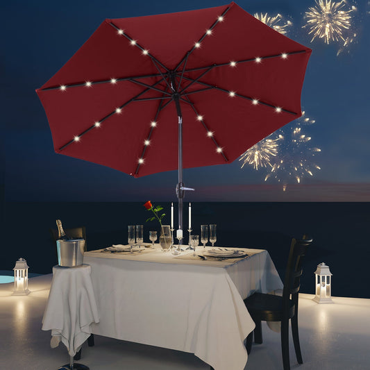 Outsunny 2.7m Garden 24 LED Light Parasol Solar Outdoor Tilt Sun Umbrella Patio Club Party Event Manual Sun Shade w/ Hand Crank and 8 Ribs, Red