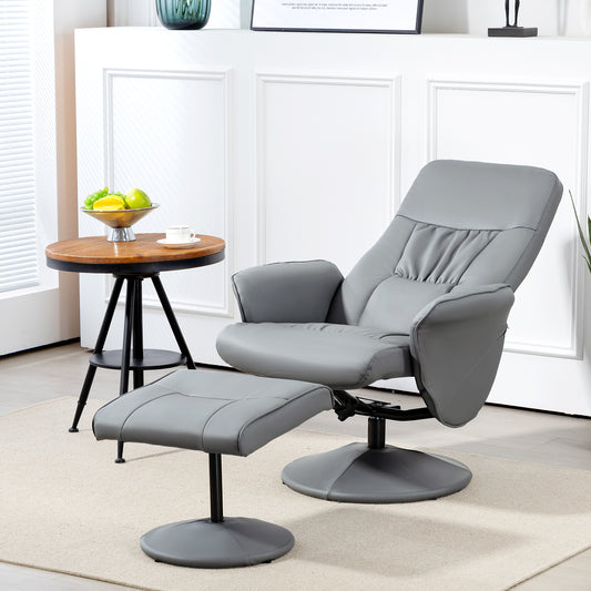 HOMCOM Swivel Recliner Chair with Footstool, PU Leather Armchair and Ottoman with High Back and Round Base for Living Room, Light Grey