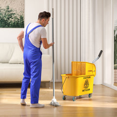 HOMCOM Mop Bucket with Wringer Set on Wheels for Floor Cleaning, 20 Litre Side Press Wringer with Handle and Mop, Yellow