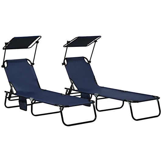 Outsunny Set of Two Folding Sun Loungers, with Adjustable Backs and Sun Canopies - Dark Blue