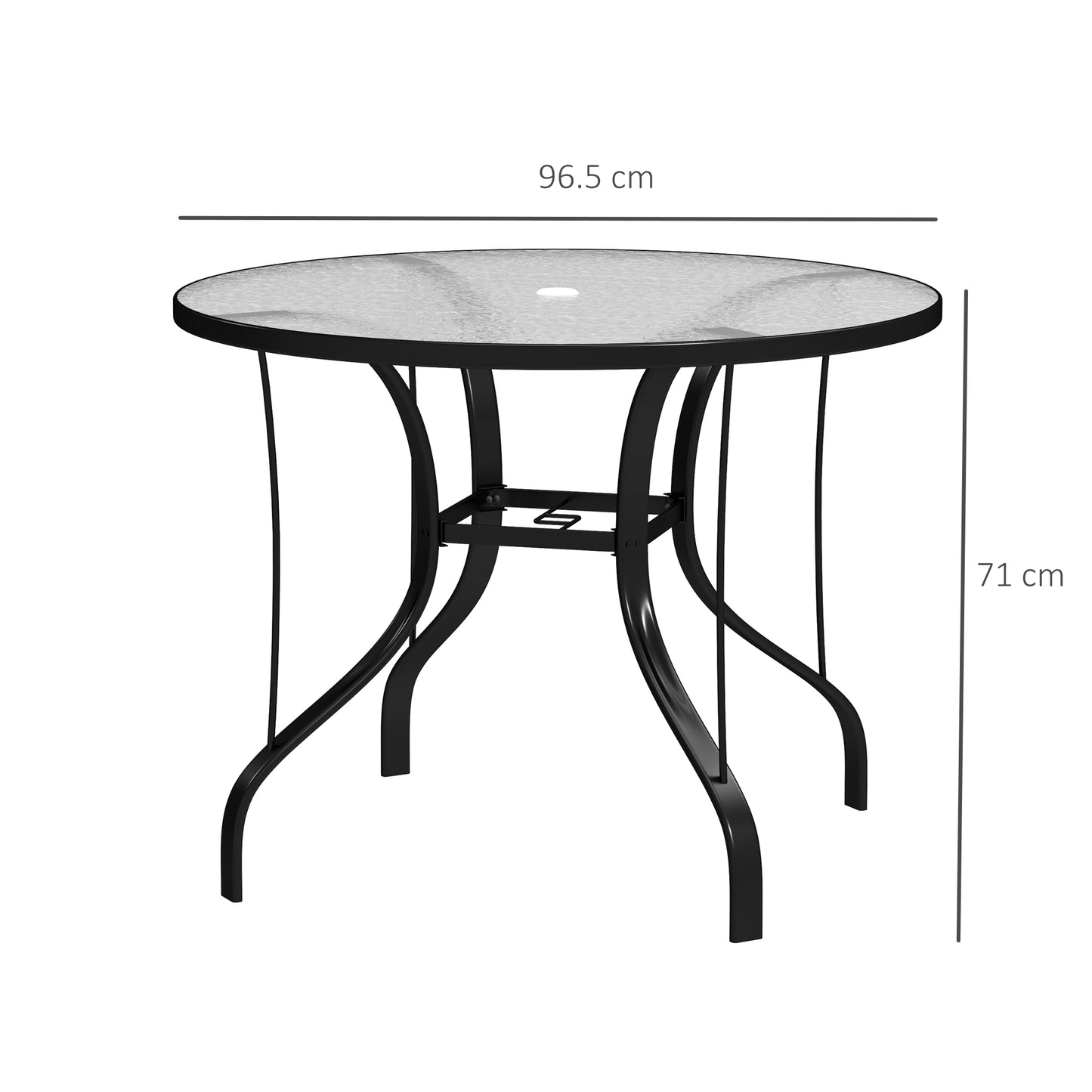 طاولة طعام خارجية دائرية من Outsunny ذات سطح من الزجاج المقسّى مع فتحة مظلة، 96.5 × 96.5 × 71 سم