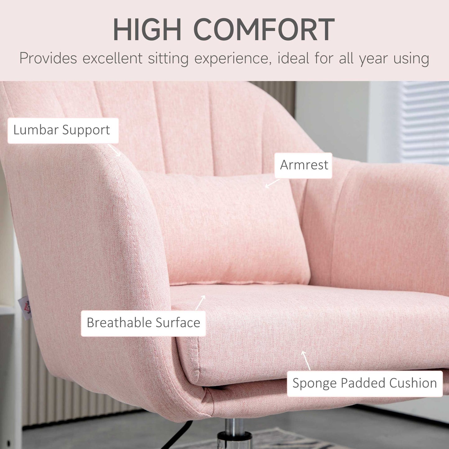HOMCOM Swivel Linen Fabric Accent Chair for Living Room Contemporary Vanity Armchair with Adjustable Height Thick Cushion Lumbar Support Armrest for Bedroom Office Pink