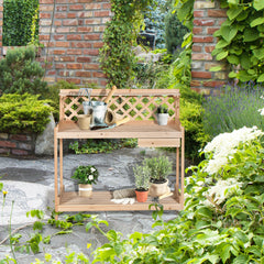 Outsunny Wooden Garden Potting Table with Drawer Flower Plant Work Bench Workstation Tool Storage Shelves Outdoor Grid