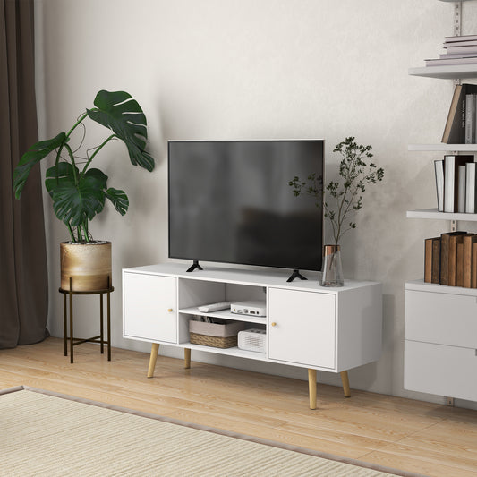 HOMCOM TV Stand Cabinet up to 55 Inches, TV Unit with Storage Shelves and Wood Legs for Living Room, Bedroom, White