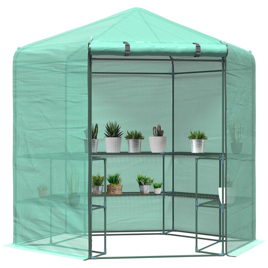 Outsunny Hexagon Walk In Greenhouse with Shelves, Outdoor Green House Grow House with Waterproof PE Cover and Roll-up Door, 228 x 196 x 215 cm, Green