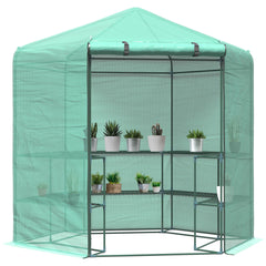 Outsunny Hexagon Walk In Greenhouse with Shelves, Outdoor Green House Grow House with Waterproof PE Cover and Roll-up Door, 228 x 196 x 215 cm, Green