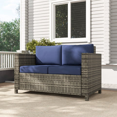 Outsunny 2 Seater Garden Furniture, Rattan Sofa with Soft Padded Cushion and Armrests, Wicker Garden Loveseat for Patio, Navy Blue