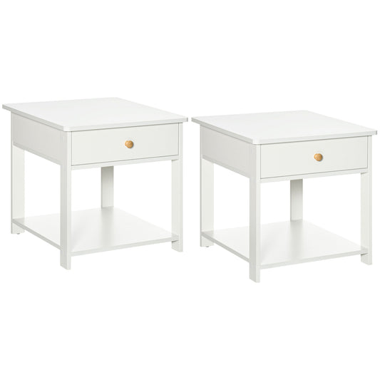 HOMCOM Bedside Table with Drawer and Bottom Shelf, Square Side End Table for Bedroom, Living Room, White, Set of 2