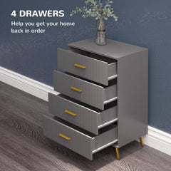 HOMCOM Four Drawer Embossed Line Dresser - Grey/Gold Tone