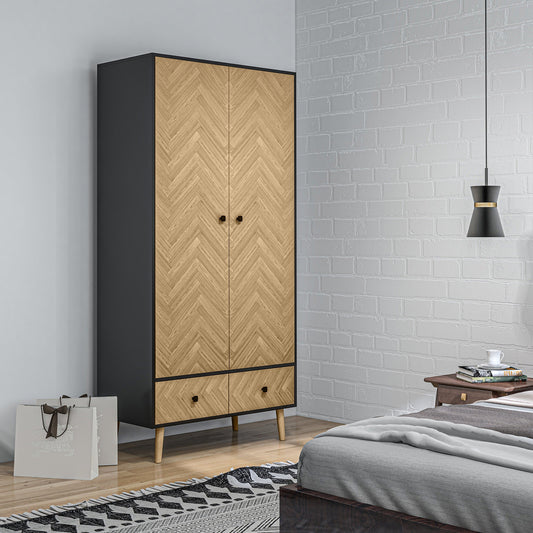 HOMCOM Modern Wardrobe Cabinet Wood Grain Sticker Surface with Shelf, Hanging Rod and 2 Drawers 90x50x190cm