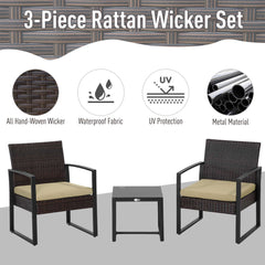 Outsunny 3 pcs PE Rattan Wicker Garden Furniture Patio Bistro Set Weave Conservatory Sofa Coffee Table and Chairs Set Beige