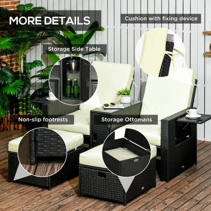 Outsunny 5PC PE Rattan Sun Lounger, Outdoor Wicker 5-level Adjustable Recliner Sofa Bed with Storage Side Table and Footstools, for Patio, Garden, Poolside, Black