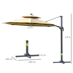 Outsunny 3m Cantilever Parasol w/ Solar Lights Power Bank Base 360√Ç¬∞ Spin Khaki