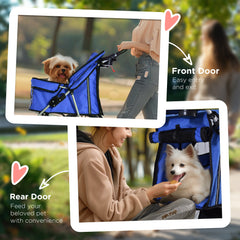 PawHut Pet Stroller for Small Miniature Dogs Cats Foldable Travel Carriage with Wheels Zipper Entry Cup Holder Storage Basket Blue