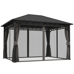 Outsunny 3 x 4m Hardtop Gazebo with Galvanised Steel Roof and Water Gutter, Waterproof Permanent Pavilion Garden Gazebo with Netting and Curtains for Patio, Deck