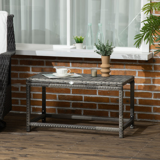 Outsunny Outdoor Coffee Table, Garden PE Rattan Side Table with Plastic Board Under the Full Woven Table Top and Rectangular Frame for Patio, Balcony, Mixed Grey