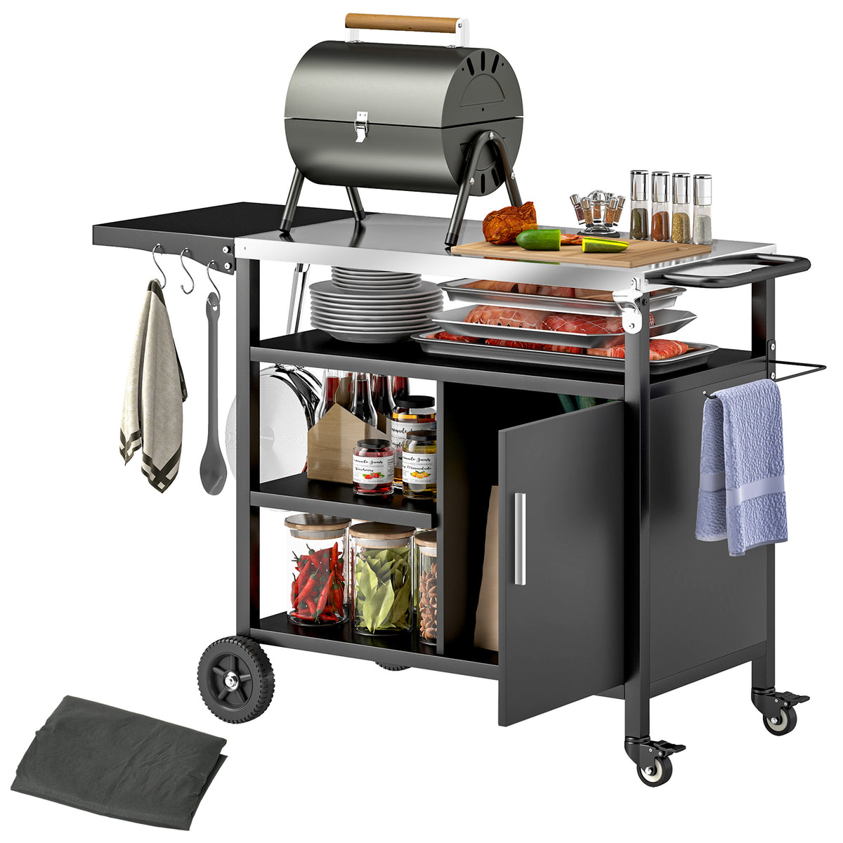 Outsunny Outdoor BBQ Trolley with Foldable Side Table, Stainless Steel Top, Outdoor Kitchen with Wheels Hooks Shelves Cabinet, Pizza Oven Table Movable Outdoor Grill Dining Cart with Cover, Black