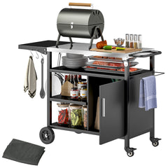 Outsunny Outdoor BBQ Trolley with Foldable Side Table, Stainless Steel Top, Outdoor Kitchen with Wheels Hooks Shelves Cabinet, Pizza Oven Table Movable Outdoor Grill Dining Cart with Cover, Black