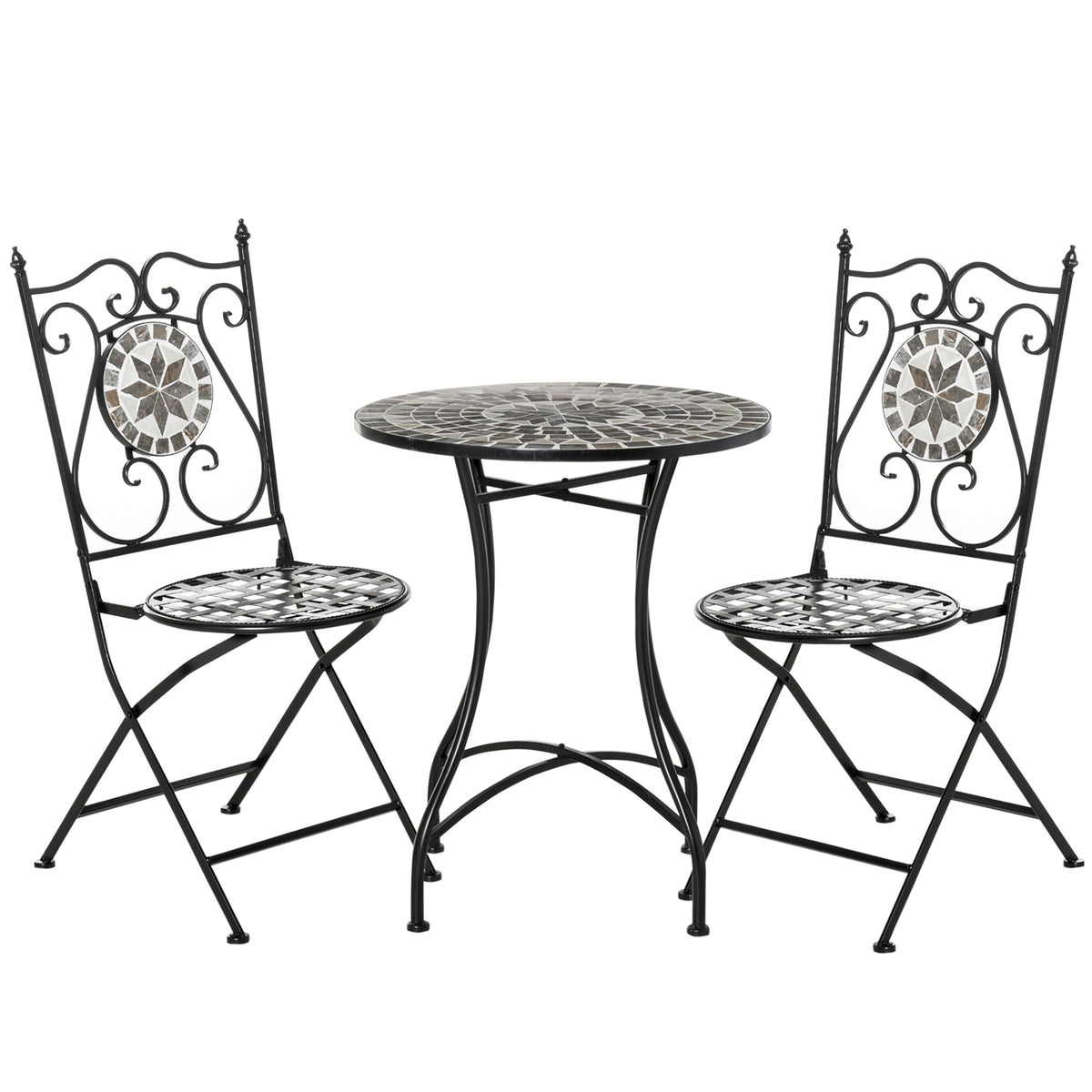 Outsunny 3 Pcs Mosaic Tile Garden Bistro Set Outdoor Seating w/ Table 2 Folding Chairs Set Metal Frame Elegant Scrolling Indoor Patio Balcony