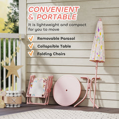 AIYAPLAY 4 Pieces Kids Garden Table and Chair Set with Adjustable Parasol, Folding Chairs, Table, Rainbow Pattern, Pink