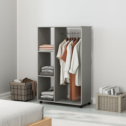 HOMCOM Open Wardrobe on Wheels, Bedroom Wardrobe with Clothes Hanging Rail, 3 Storage Shelves, Mobile Garment Rack for Cloakroom, Hallway, Grey