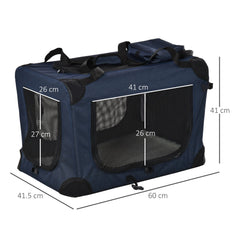 PawHut Foldable Pet Carrier for Small and Miniature Dogs, Portable Cat Carrier Soft Side Pet Travel Crate with Removable Mat, Storage Bags, Breathable Mesh 60 x 41.5 x 41cm - Dark Blue