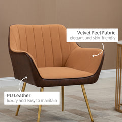 HOMCOM Velvet Armchairs, Upholstered Accent Chairs with Golden Steel Legs, Modern Vanity Chairs for Living Room and Bedroom, Light Brown