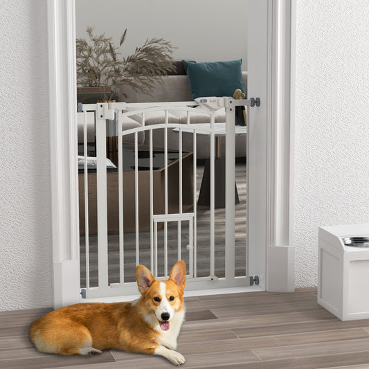 PawHut Pressure Fit Stair Gate, Dog Gate w/ Small Cat Door, Auto Closing System, Double Locking Openings, 74-80cm - White