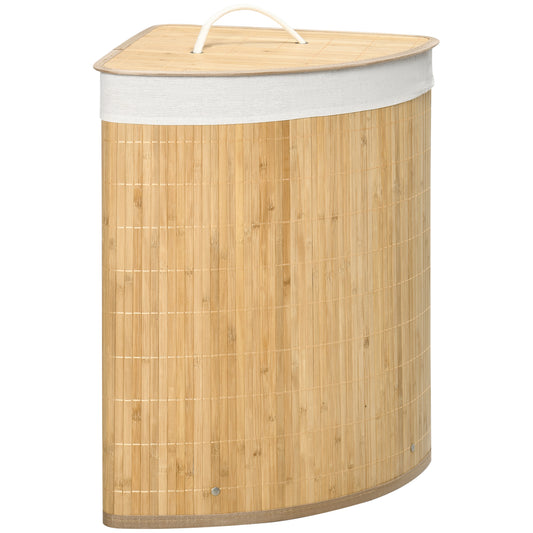 HOMCOM Bamboo Laundry Basket with Lid, 55 Litres Laundry Hamper with Removable Washable Lining, Corner Washing Baskets, 38 x 38 x 57cm, Natural