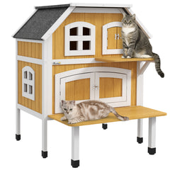 PawHut Outdoor Cat Shelter 2 Tiers Wooden Feral Cat House with Openable Asphalt Roof, Escape Doors, Terrace, for 1-2 Cats