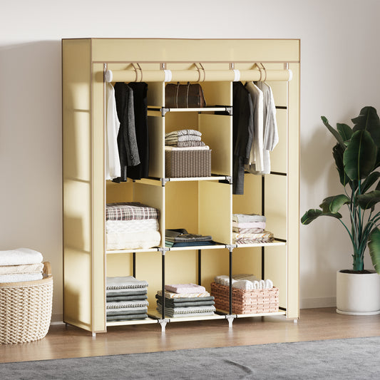 HOMCOM Fabric Wardrobe, Portable Wardrobe, Clothes Storage Unit with 8 Shelves, 2 Hanging Rods, 125 x 43 x 162.5 cm, Beige