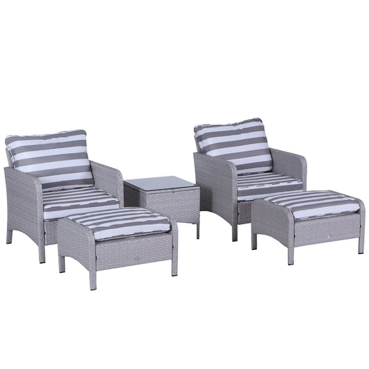 Outsunny 5 Pieces PE Rattan Garden Furniture Set with 10cm Thick Padded Cushions, Wicker Weave Outdoor Seating Chairs with 2 Armchairs, 2 Stools, Glass Top Table, Grey and White