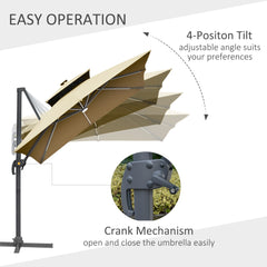 Outsunny 3m Cantilever Parasol, Outdoor Offset Patio Umbrella, Solar LED Lighted Hanging Sun Shade Canopy with Tilt and Crank Handle, Cross Base for Lawn, Khaki