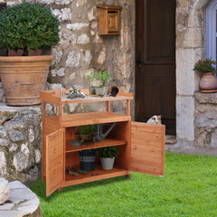 Outsunny Multi-function Potting Bench Table w/ Storage Cabinet and Galvanized Table Top, Wooden Planting Workstation, 98cm x 47cm x 105cm