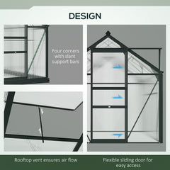 Outsunny 6 x 4ft Polycarbonate Greenhouse, Large Walk-In Green House with Slide Door and Window, Garden Plants Grow House with Aluminium Frame and Foundation, Grey