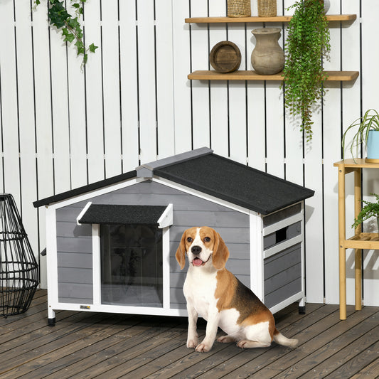 PawHut Wooden Dog Kennel for Outside, for Medium Dogs, 72H x 109L x 79Wcm, Grey