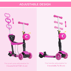 HOMCOM 5 in1 Kids Scooter 3 Wheel Toddler scooter Kick Scooter with Adjustable Handlebar, Removable Seat & Back Rest for 18 Month+, Pink