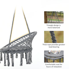 Outsunny Outdoor Cotton-Polyester Blend Macrame Hanging Rope Chair with Cushion, Portable Garden Chair with Fringe Tassels for Patio, Deck, Tree, Grey