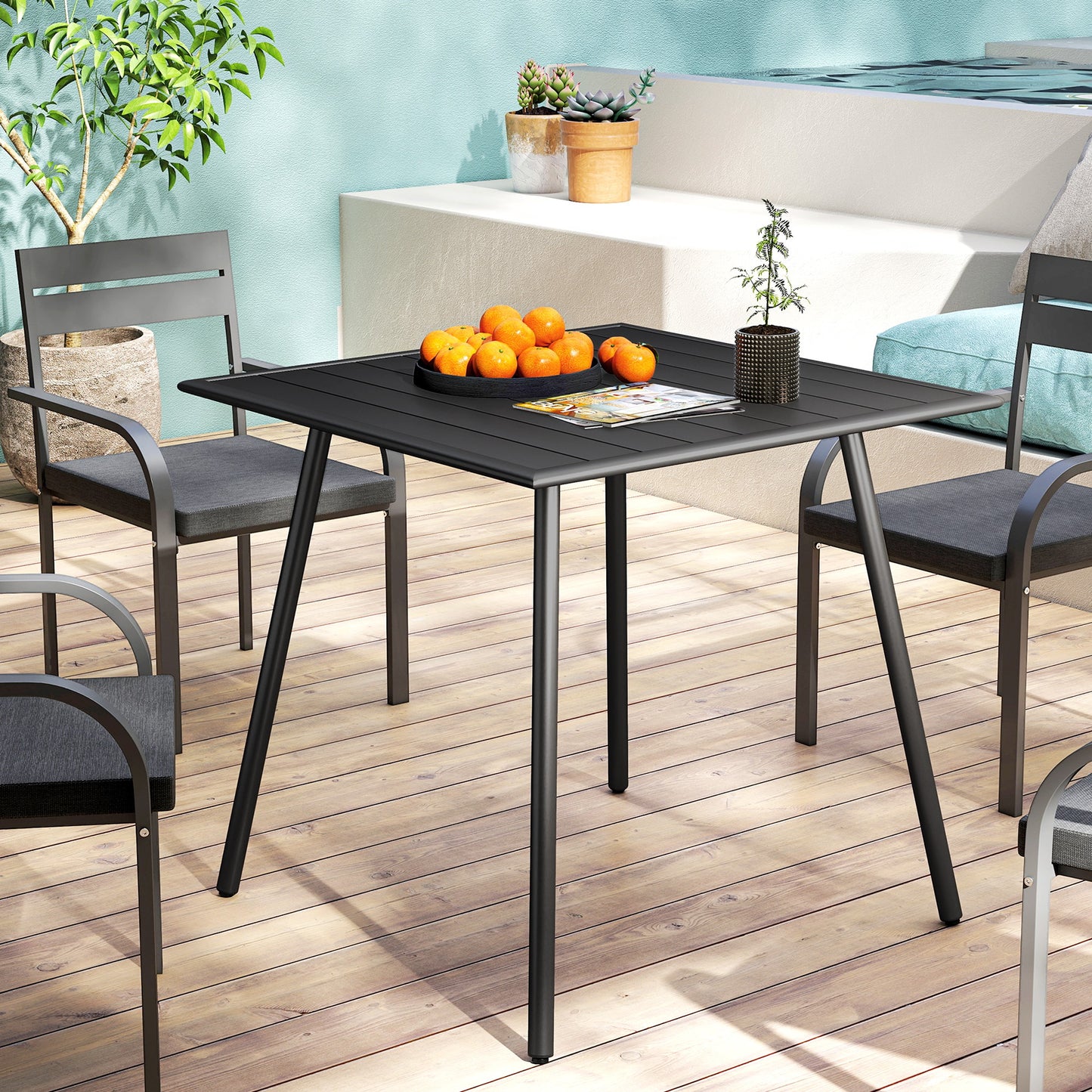 طاولة حديقة مربعة من Outsunny مع سطح شبكي، إطار فولاذي، طاولة خارجية لأربعة أشخاص، 80 × 80 × 74 سم، أسود