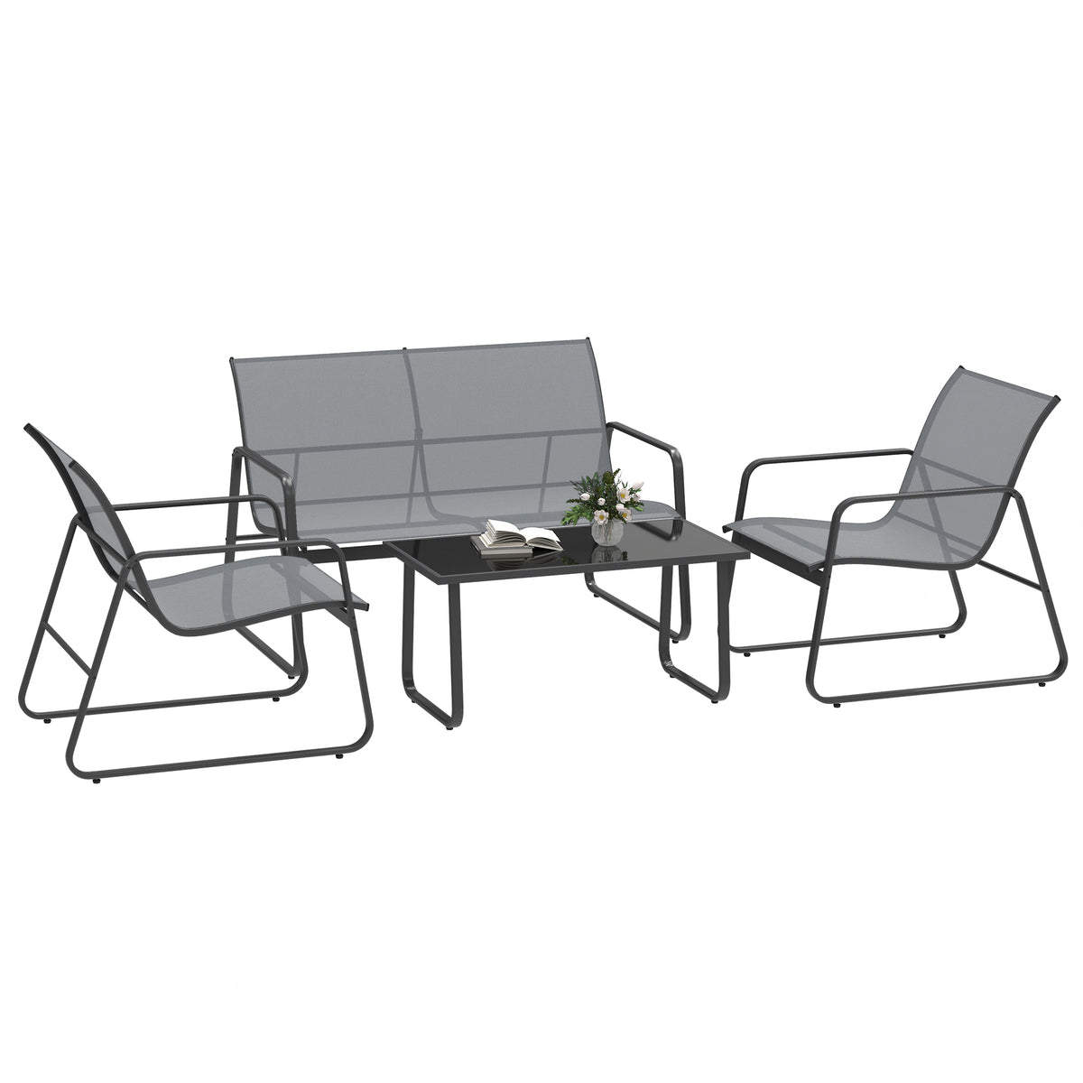 Outsunny 4 Piece Garden Furniture Set Outdoor Patio Sofa Set with Double Chair, Single Chairs and Glass Top Table for Terrace and Balcony, Light Grey