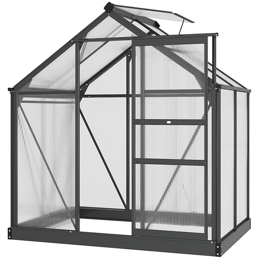 Outsunny 6 x 4ft Polycarbonate Greenhouse, Large Walk-In Green House with Slide Door and Window, Garden Plants Grow House with Aluminium Frame and Foundation, Grey