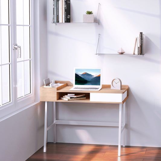 HOMCOM Computer Desk, Writing Desk, Study Workstation with Drawer, Storage Compartments, Cable Management, Laptop Table, Metal Frame, 100 x 55 x 81.5cm, Oak and White