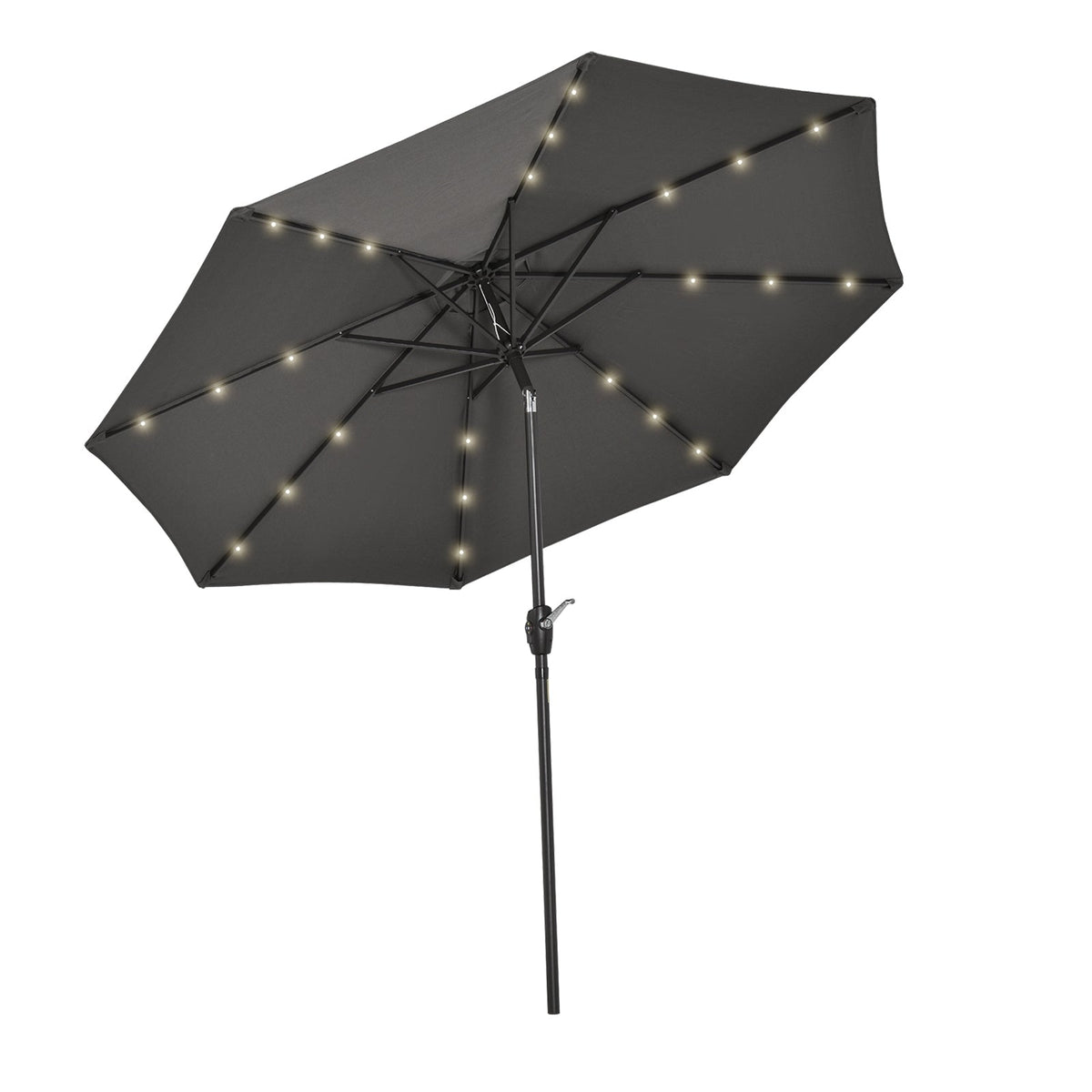 Outsunny â2.7m Garden 24 LED Light Parasol Solar Outdoor Tilt Sun Umbrella Patio Club Party Event Manual Sun Shade w/ Hand Crank and 8 Ribs, Grey