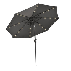 Outsunny 2.7m Garden 24 LED Light Parasol Solar Outdoor Tilt Sun Umbrella Patio Club Party Event Manual Sun Shade w/ Hand Crank and 8 Ribs, Grey