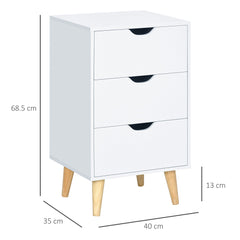 HOMCOM Bedside Table, Bedside Cabinet with 3 Drawers, Small Side Table with Wood Legs and Cut-out Handles for Bedroom, Cream White