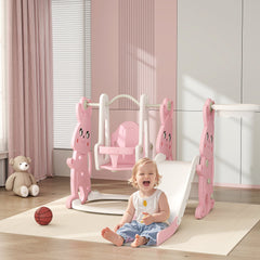 AIYAPLAY 4 in 1 Kids Slide and Swing Set with Climber, Basketball Hoop, Rabbit-Themed, Pink