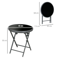 Outsunny 45cm Garden Side Table, Outdoor Round Folding Patio Table with Imitation Marble Glass Top, Small Coffee Table, Black