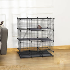 PawHut 3 Level DIY Pet Playpen Metal Small Animal Cage Rabbit Ferret Chinchillas Cage 4 Doors Bottom Trays Black