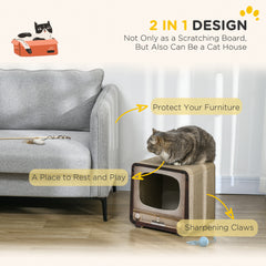 PawHut 2 in 1 TV Shape Cat Scratching Board House with Catnip, for Indoor Cats, Brown